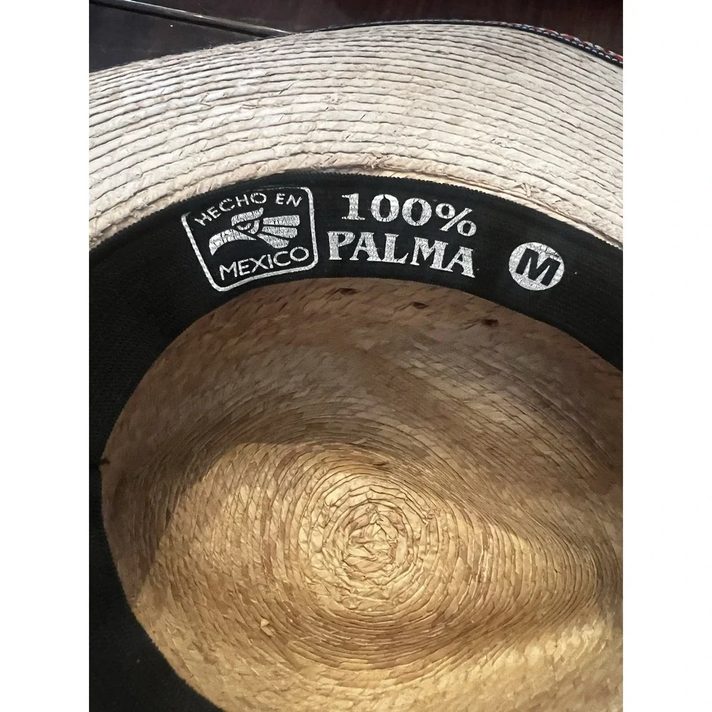 Palma Fedora Style Embroidered Floral Brim Hat Made‎ in Mexico Medium Pom Poms